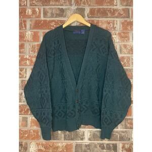 VTG 3D Knit Cardigan Wool Blend M Teal Eclectic Grandpa Retro 80s Grunge Kurt